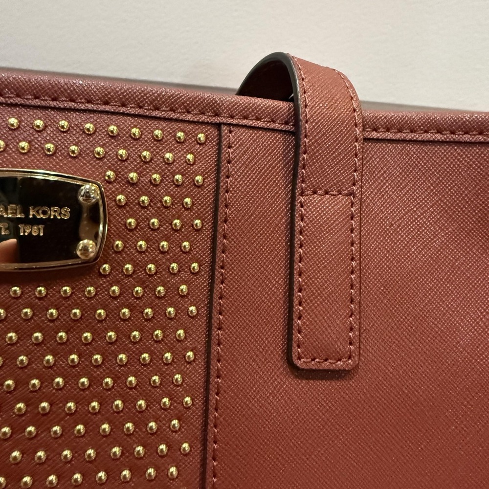 Michael‎ Kors Studded Saffiano Leather Shoulder Tote Womens Brown Gold 35F7JDT1L - Picture 3 of 8
